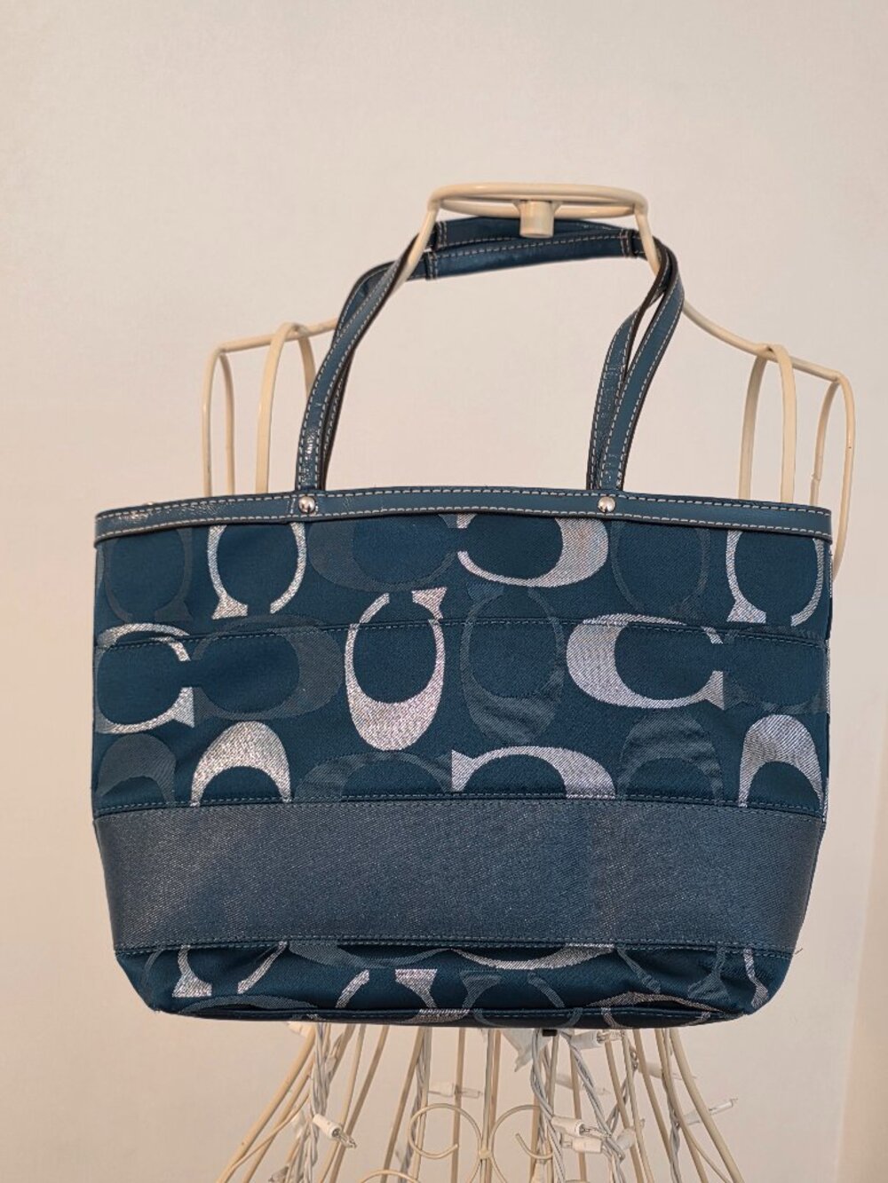 Coach Gallery Optic Signature Tote Teal Blue Jacquard Zip Shoulder Bag 12906 - Picture 2 of 12